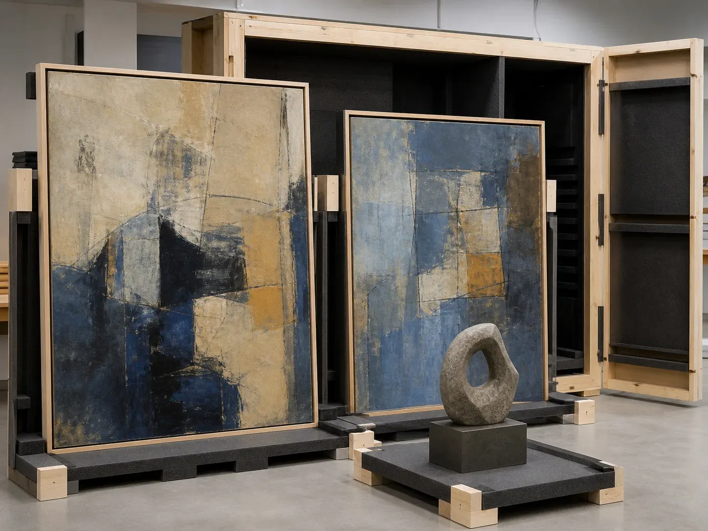 A consignment of artworks & exhibition pieces, with the packaging it travels in