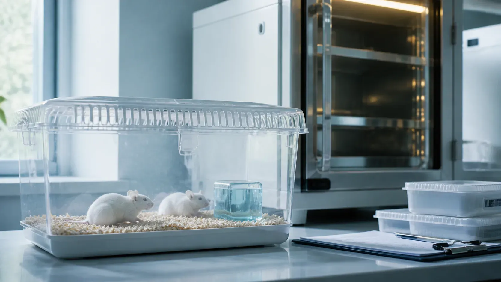 Laboratory mice resting inside a ventilated transport enclosure in a controlled facility