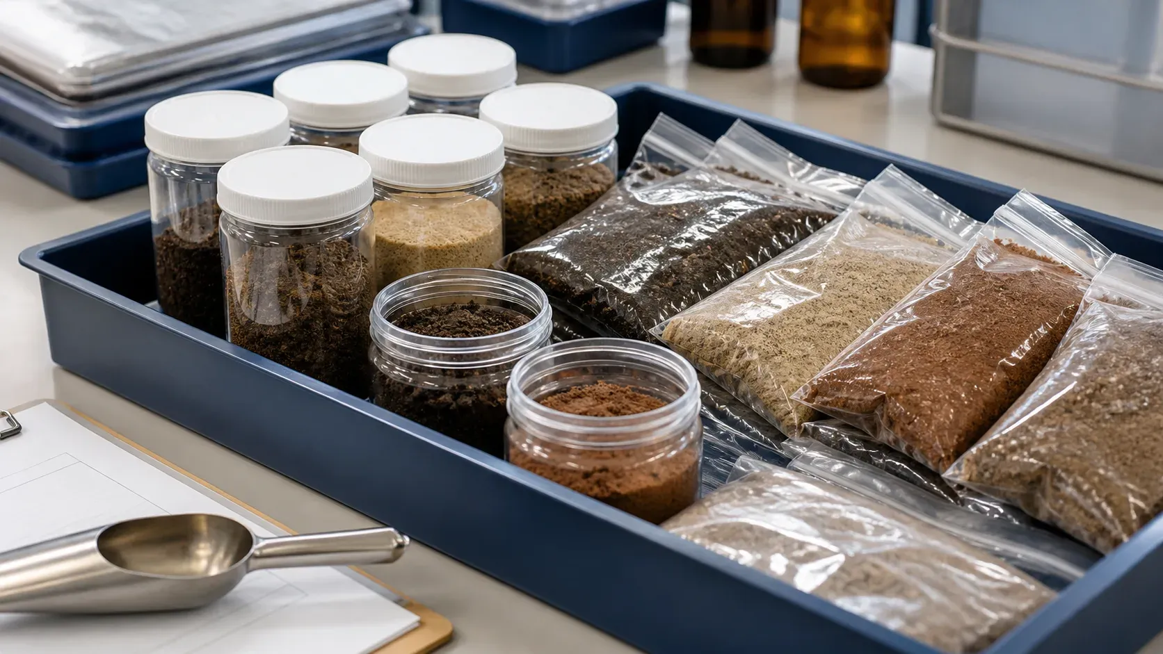 Sealed jars and specimen bags containing soil samples prepared for research import review