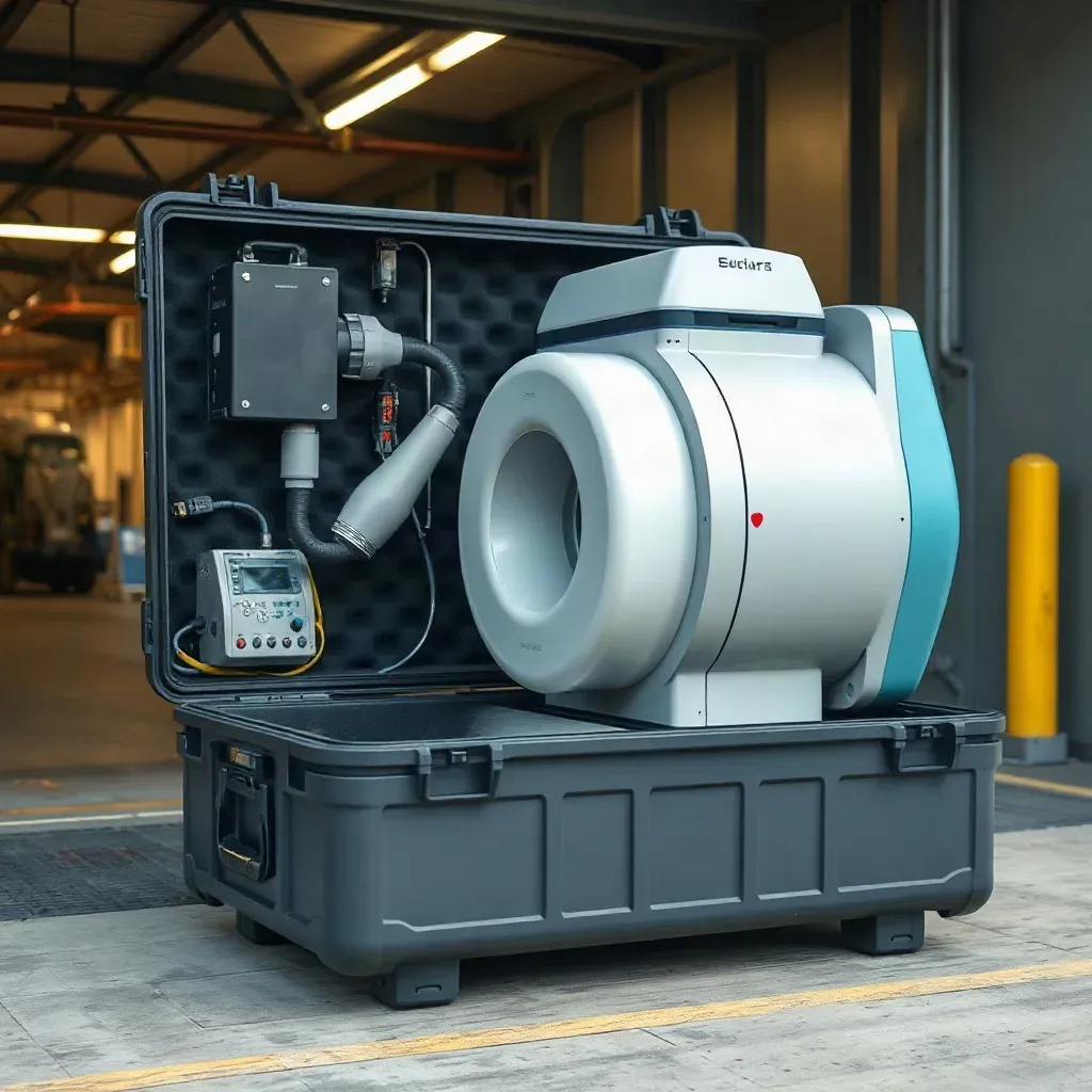 A medical imaging device secured inside a rugged transport case