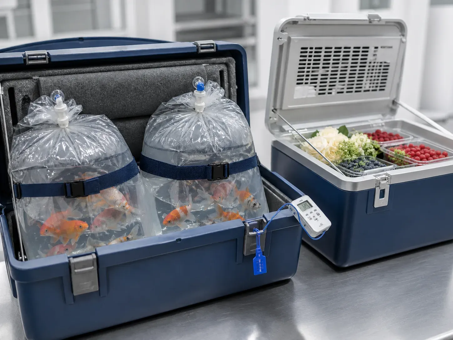 A consignment of live & perishable goods, with the packaging it travels in